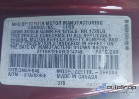 2000 Toyota Corolla Ce z USA, uszkodzony, nr VIN 2T1BR12E4YC314748